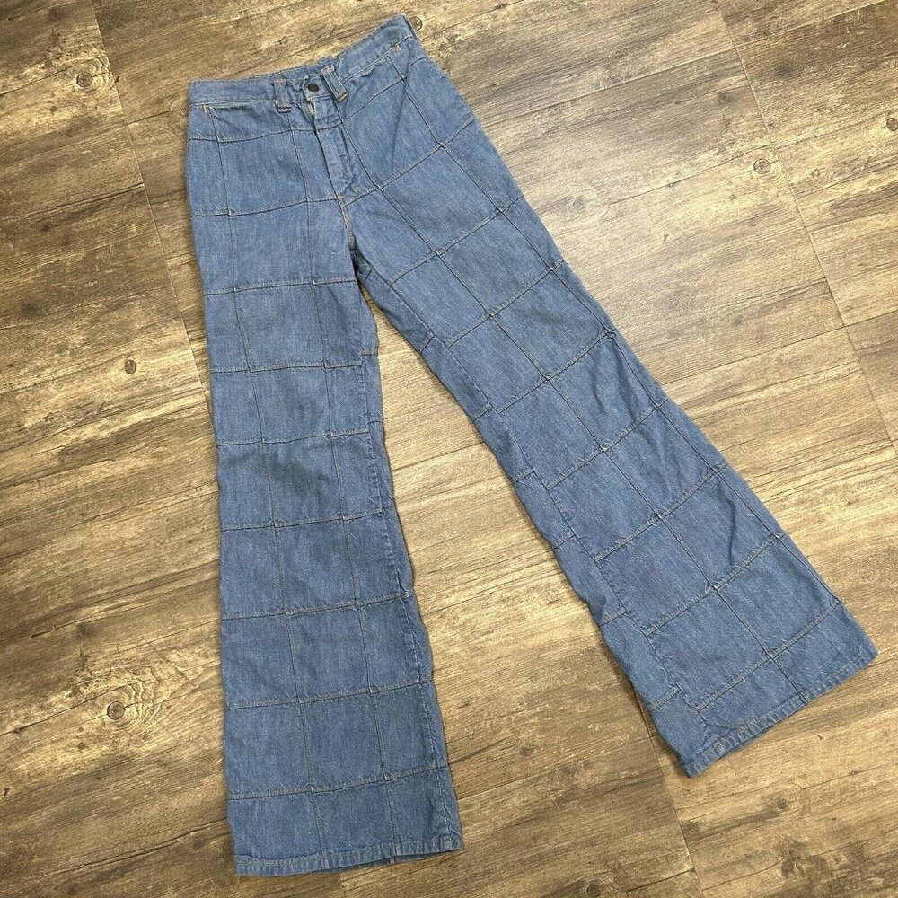 RARE VTG 70s Jeans Window Pane Patchwork Disco‎ Flare Hippie New Friends NO SIZE